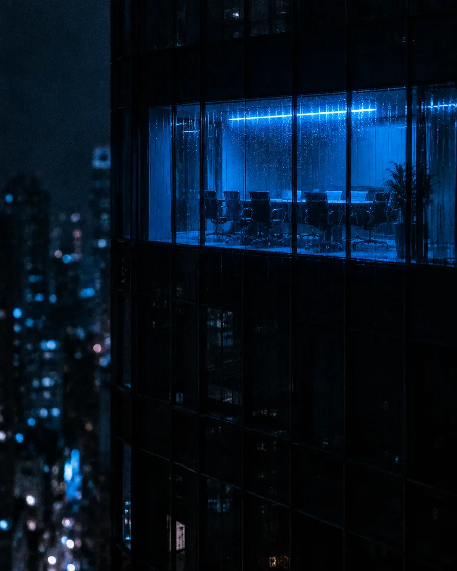 Glass office tower at night with one boardroom lit in blue