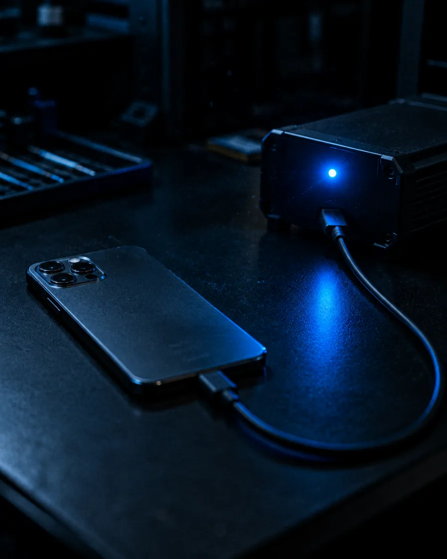 Smartphone connected to a forensic extraction unit on a dark workbench