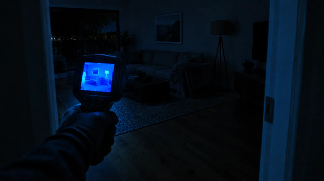 Thermal imaging device held toward a living room wall at night
