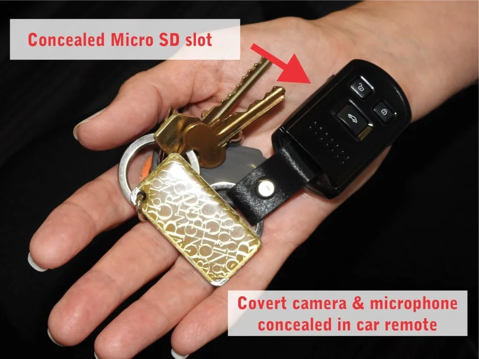 Car remote with a concealed camera, microphone and micro SD slot