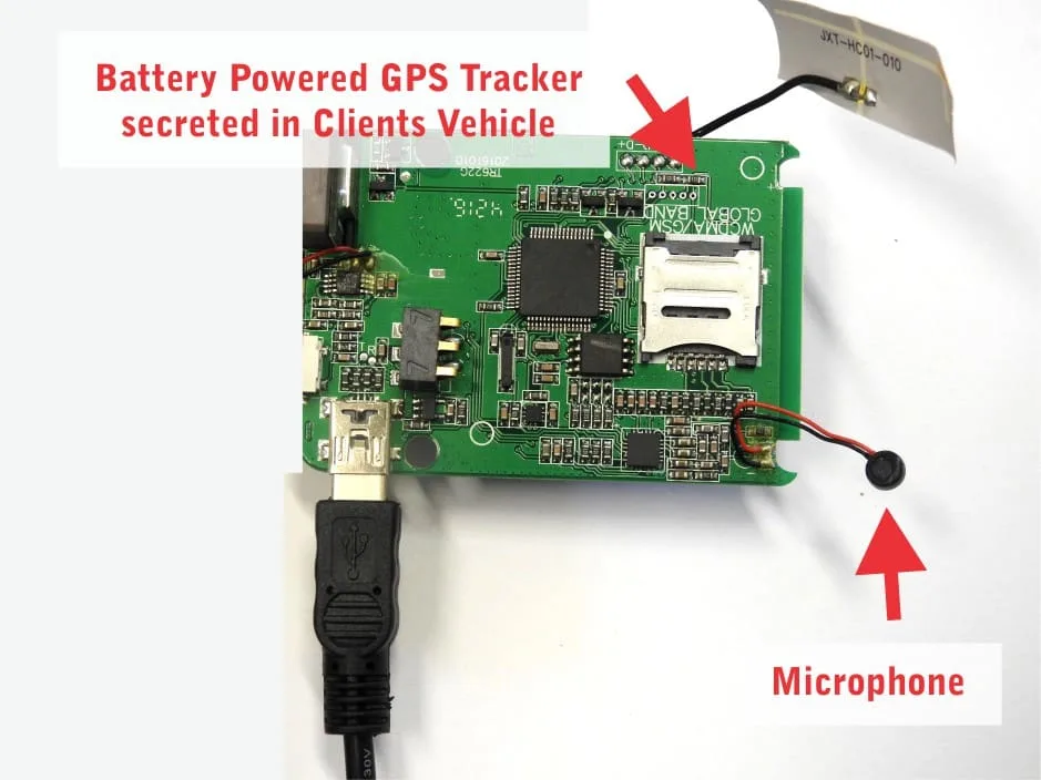 Battery powered GPS tracker with a microphone, recovered from a client's vehicle