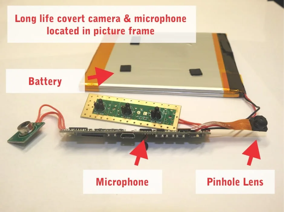 Long life covert camera and microphone located inside a picture frame